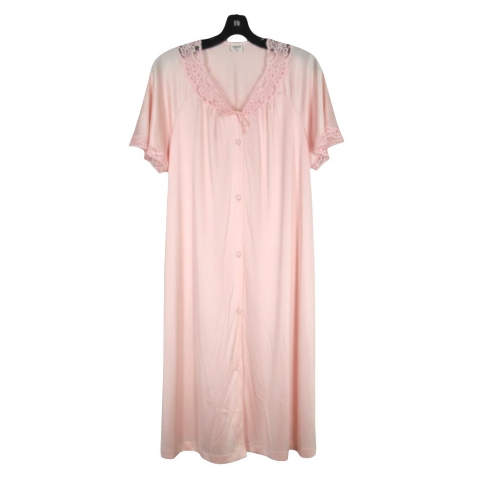 VANITY FAIR Silky NYLON Pink FLORAL LACE Button-Up 1-POCKET Lounge ROBE Sz S
